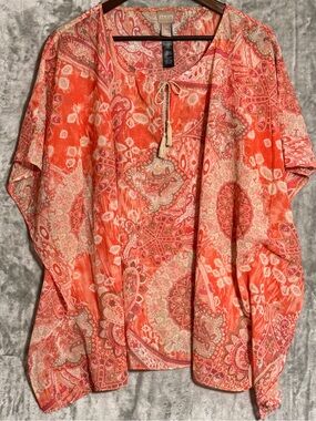 Chico’s Boho Kimono Top L XL Paisley Batwing Dolman Sleeve Tie Neck Blouse